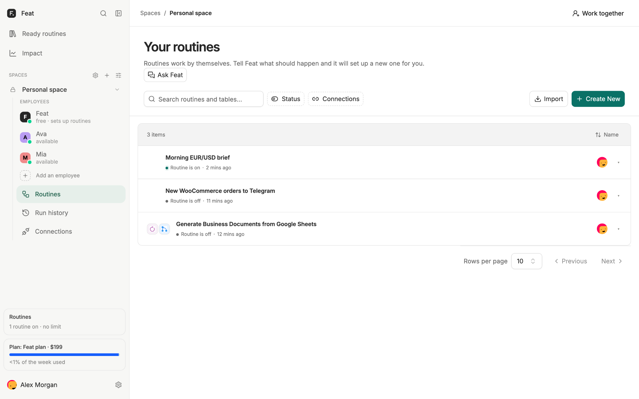 Feat routines list with a morning exchange-rate brief, shop orders and business documents