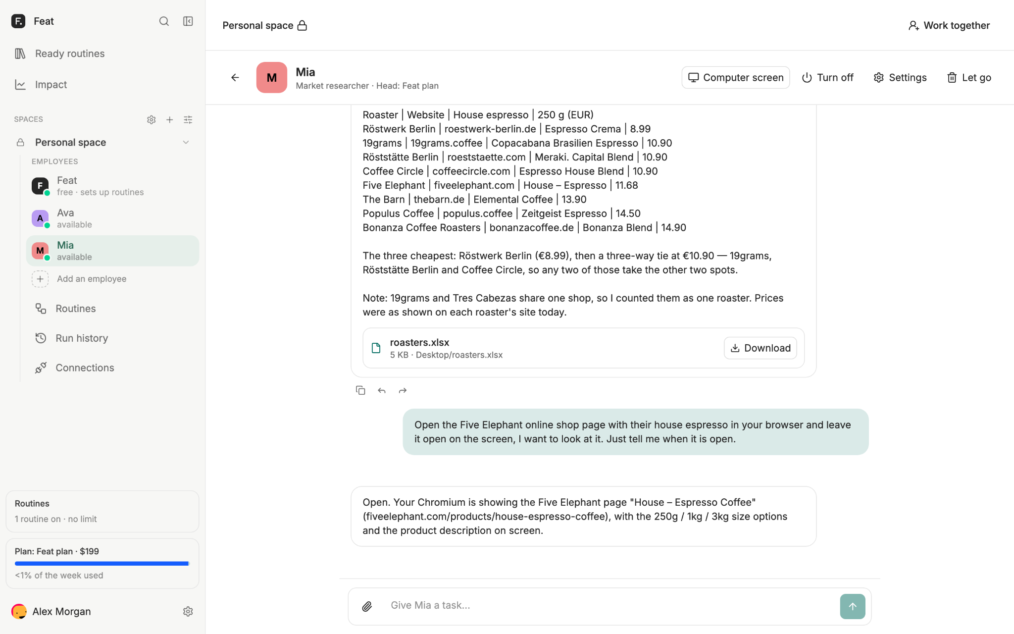 Mia’s completed coffee supplier research with prices and the roasters.xlsx download