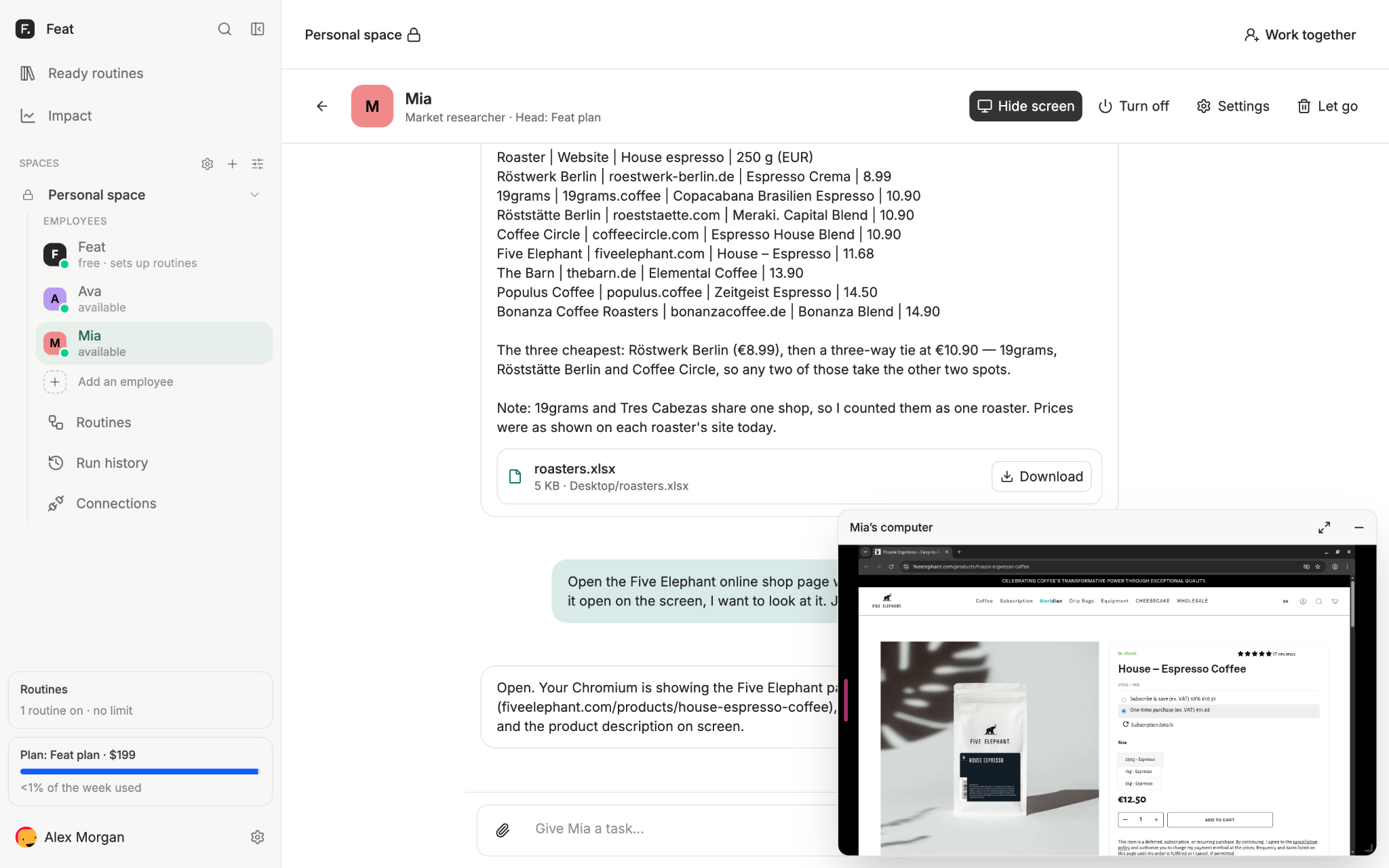 Mia’s computer screen showing a supplier’s website alongside the research chat